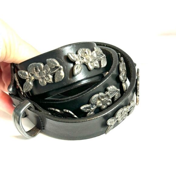 Vintage Silver Flower Embellished Genuine Leather Belt made in Italy. main image 4